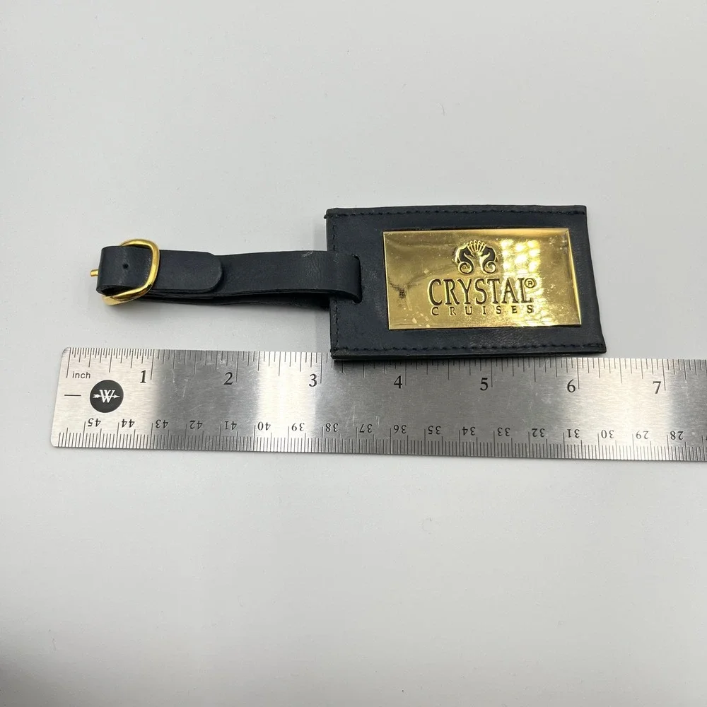 Vintage Crystal Cruises Luxury Luggage Tag Blue Leather Gold Tone Brass Plate
